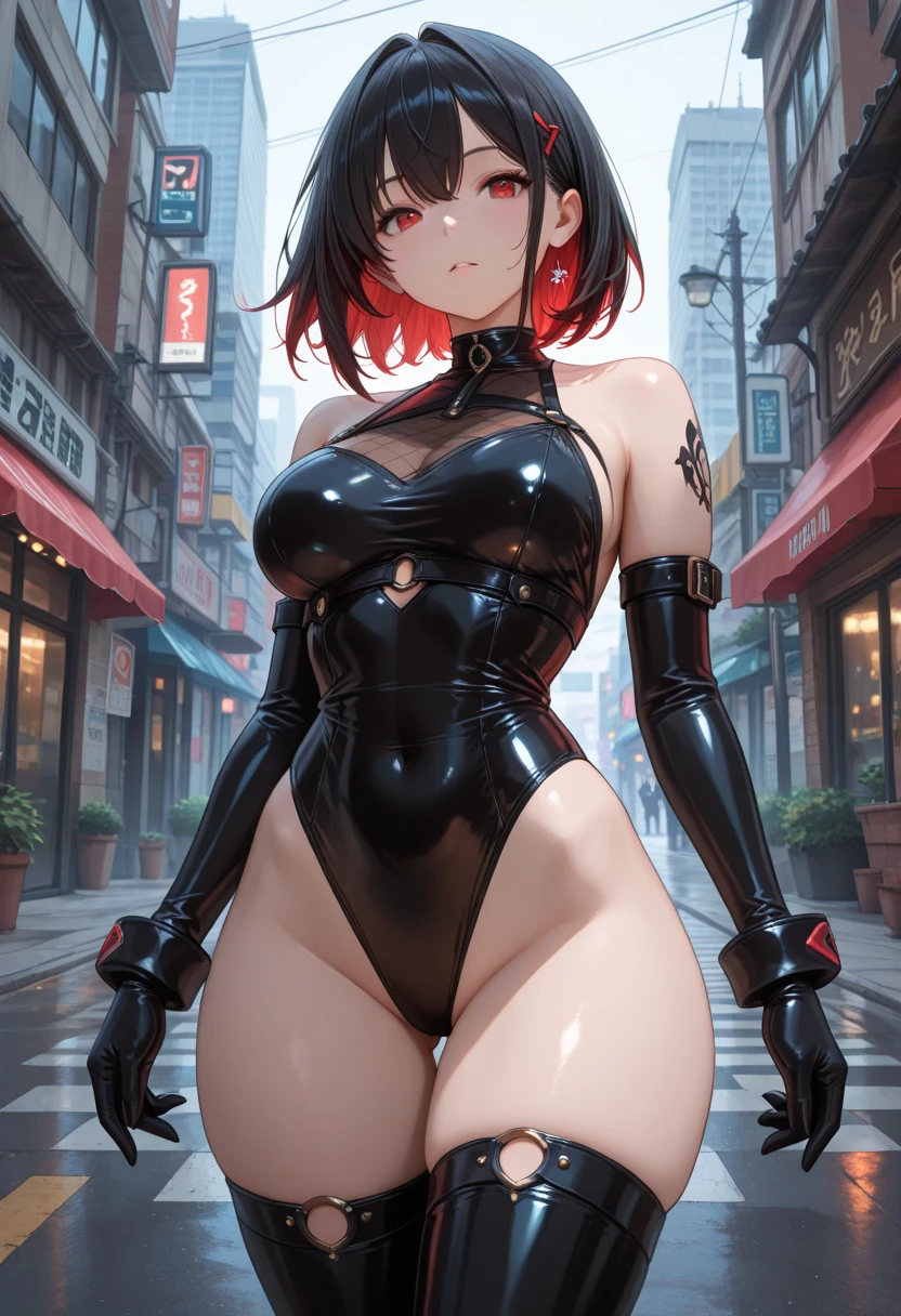 1girl, black leotard, bare legs, low ponytail, latex, large breasts, solo, detailed face, looking at viewer, cowboy shot, city, cyberpunk, mechanical, night, dark, light rays, (masterpiece:1.2, best quality), spinning like a cyclone