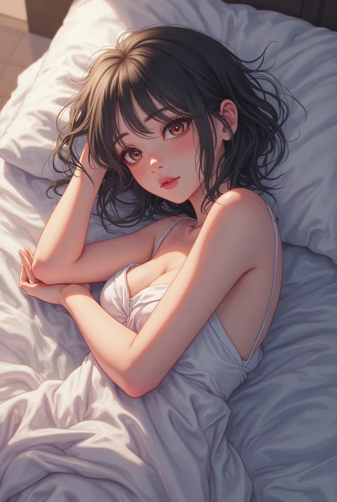 ((Realistic lighting, best qualtiy, 8k, tmasterpiece:1.3)), 1girl, Beautiful Women with Perfect Figure:1.4, Slim abs:1.1, ((dark brown hair)),(exteriors,during night:1.1),lie down on a bed,Ultra-fine face,Fine eyes,double eyelid,Leaks out the entire delicate breast, 40 years old, Japanese lady, wearing office casual , show whole body from top to legs, , ((realistic)), Clothes half come undone