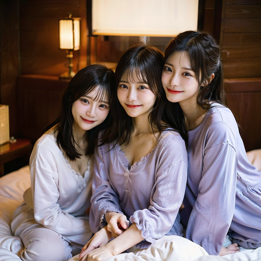 Best-quality, Masterpiece, Ultra-High-Resolution, (Photorealistic:1.4), Raw-Photo, lesbian-couple, sitting on luxurious-sofa at home, both laughing out loud, both  making love, all different face, all face-focus, ((1girl, 15-years-old, the most famous Japanese idol, extremely beautiful black-short-cut-haired, extremely cute face, extremely beautiful big-black-eyes, completely drunk, highly-sexed, intense sexual desire, strong sexual desire)), ((1woman, 25-years-old, the most famous Japanese actress, extremely beautiful light-brown-long-haired, extremely beautiful face, extremely beautiful big-black-eyes, extremely beautiful big-breasts)), both wearing only matching-pajamas with cute-design, detailed luxurious-sofa, detailed matching-pajamas, detailed matching-pajamas-with-cute-design
