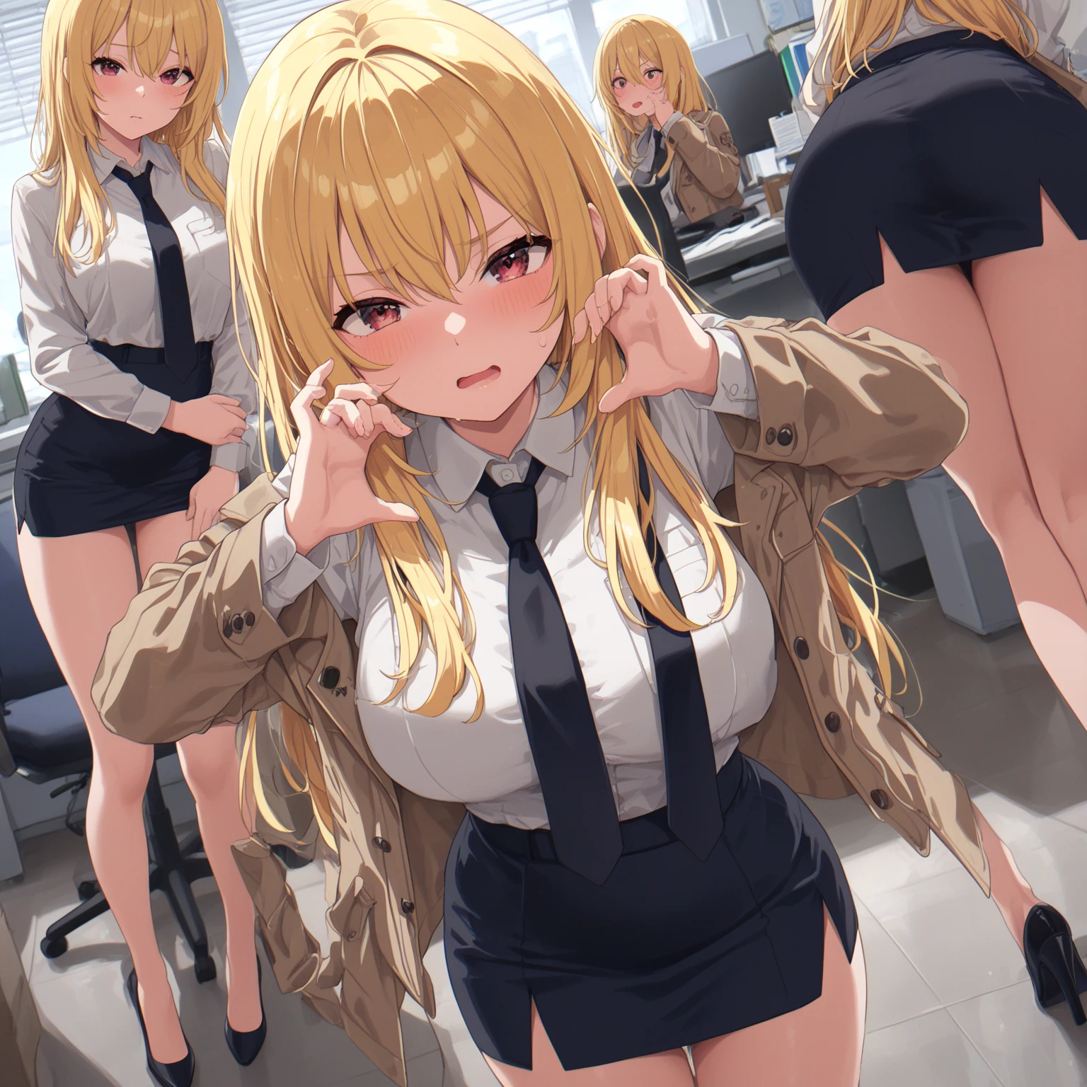 three sexy women in kindergarten teachers outfits who are wives of 4 years old boy with blonde hair, flirtatious smiles, women have various hair colors and hairstyles