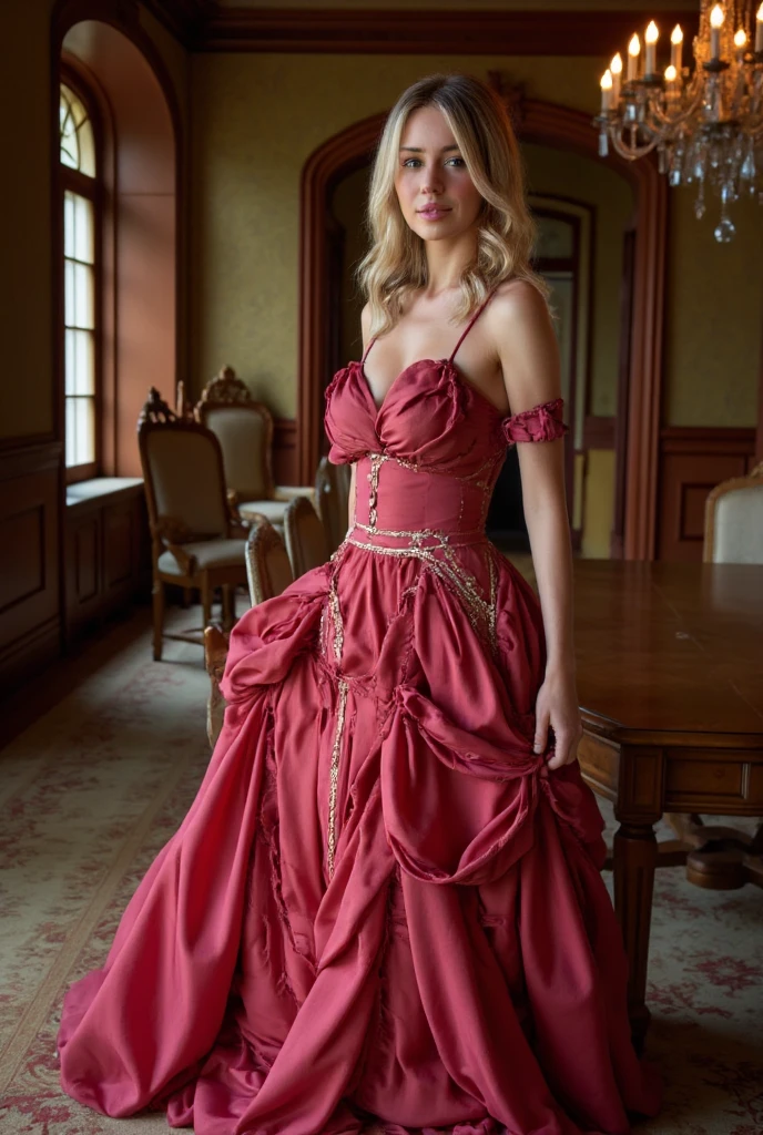 girl, big breast, blond wavy hair, flowers in hair, Victorian style dress, corset, ball room, morning light, epic scene, staircase,