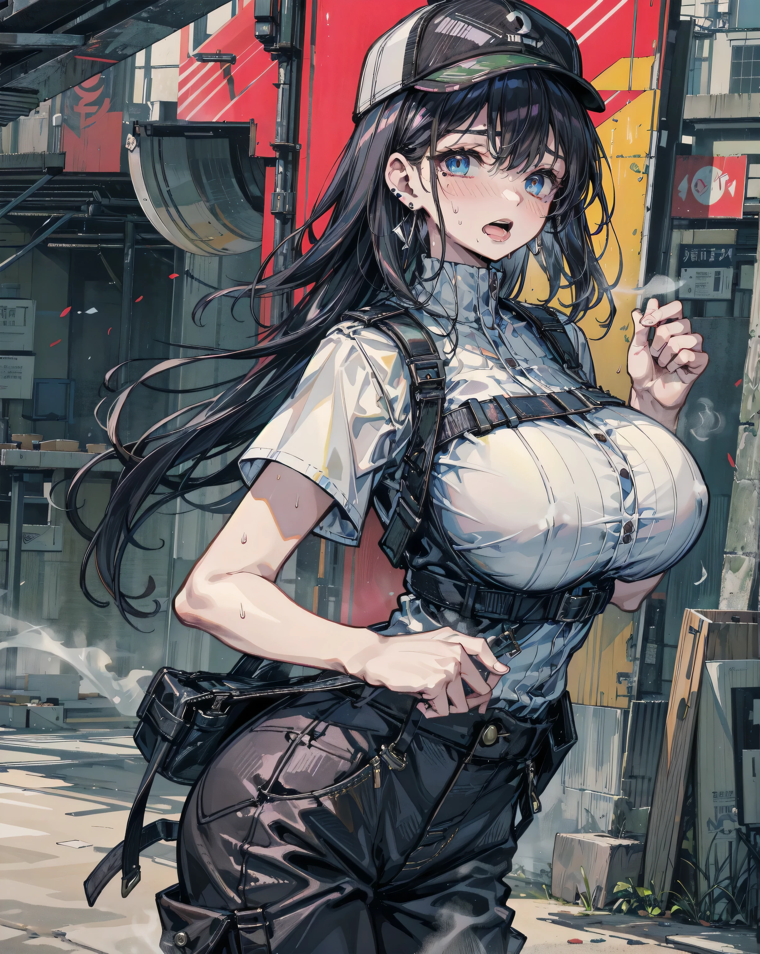 Focus on background、thick eyebrows、Watermelon、(Huge backpack:1.5)、(darkskin:1.3)、Brown skin、Movie lighting、small tits、Rabbit ears、(Master peace)、((maximum quality))、(Ultra-detail)、shinny skin、Full Body Anime Girl、Clean and detailed anime face、High Resolution Anime Eyes、Five fingers、textile shading、The perfect human structure、flawless anatomy、