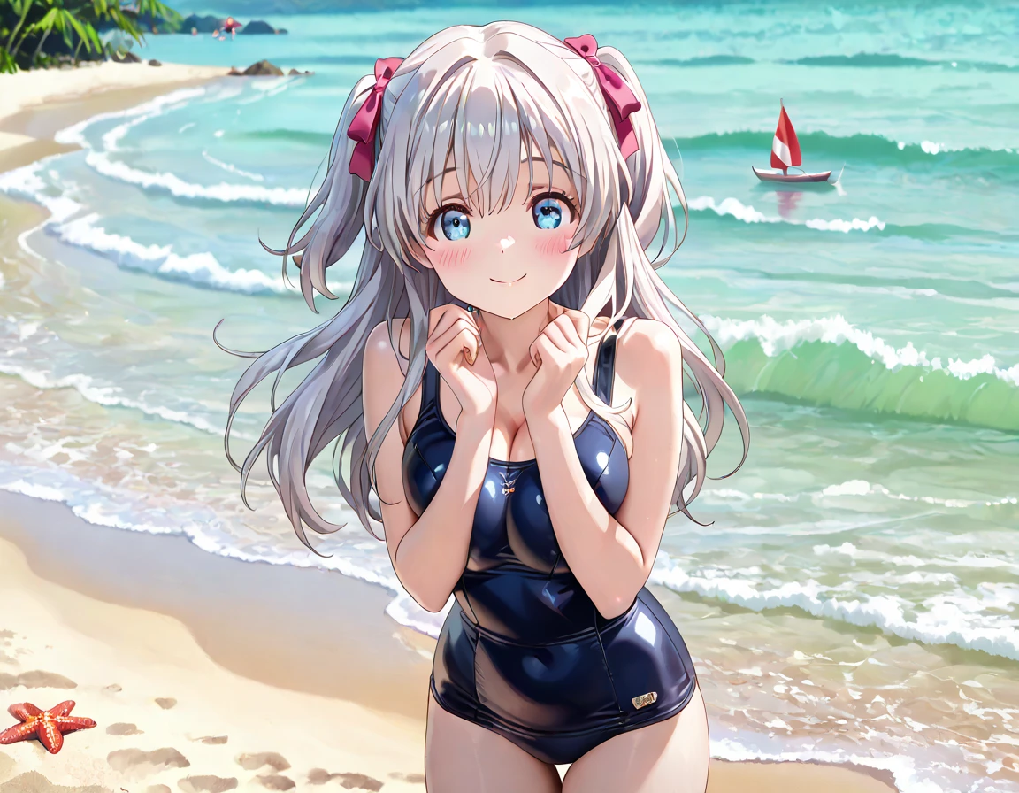 masterpiece, Superior image quality, High resolution, 4k image,Photo and gross, photorealistic, 1 young girl of 1, kneeling in the sand, small sand castle next to the girl. {Alone},{{{vagina}}}, beautiful face, long silver hair, scarlet red eyes, very detailed eyes, shy expression, draw smile, Glasses, choker:1.6, blue swimsuit, bracelet, sensual lips , show details in the eyes, view from above, playa, beach with sea view, at daytime