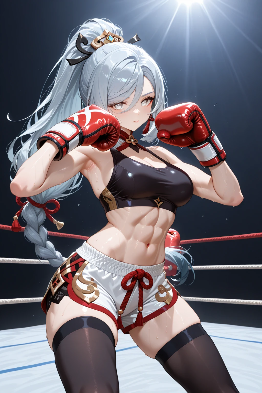 A slim beautiful girl,Good shape,Pretty Face,detailed picture, blush,White long hair,Wearing cheongsam,Wearing black suspender stockings,high-heel boots,Wearing pink boxing gloves,Wearing sleeves,Kneeling alone in the boxing ring and making sexy moves,Large Breasts,Cleavage,Thin legs,nipple,Camel toe