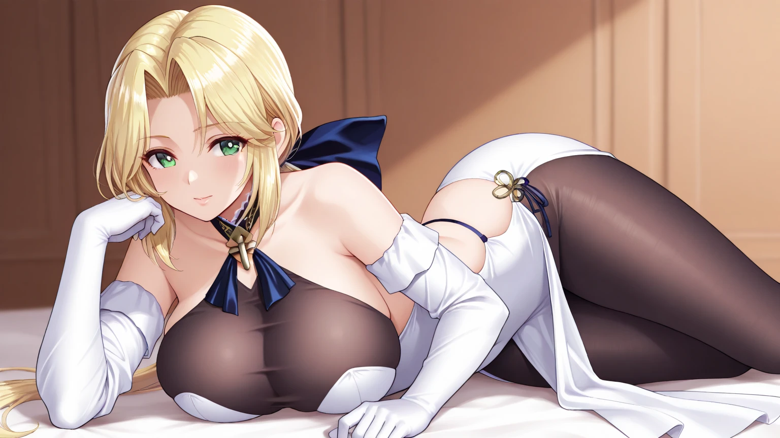 Masterpiece, Best Quality, Official Art, (Highly Detailed CG Unity 8k wallpaper), Detailed background, (Hands by Guido Daniele: 0.5), Feet out of frame, First person perspective, 1, Beautiful woman who is attractive and perfect, artoria pendragon, sitting on the edge of the bed, (curvaceous), , (battledress), underwear, white thighs: 1.12), (: 1.12) (Ahoge: 1.13), (High ponytail: 1.12), (turquoise eyes: 1.13), Look at the viewer, big, ((cleavage)), beautiful face, (Blush: 1.11), (Smile: 1.11)