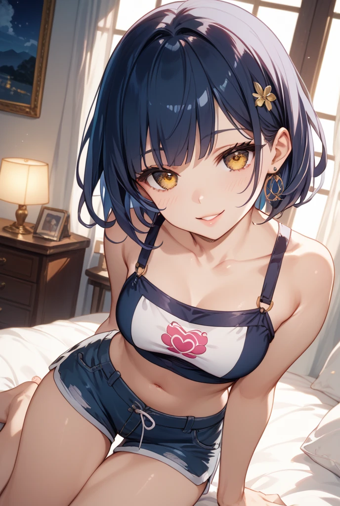 (8k, RAW Photos, Highest quality, masterpiece: 1.2), masterpiece, Super Detail,Best lighting, (Realistic and photorealistic photography: 1.4), High-resolution RAW color photos, Background Blur, blush, Depth of written boundary,1 young cute girl, Hair between the eyes,short hair,Black Hair,(red inner hair with yellow hairpin),red eyes,Highly detailed mouth,short,young,10 years old,large breasts,small earrings,(Oily skin:1.5,Glowing Skin),glitter skin,whole body,Embarrassing,False Smile:1.3,in the dark messy bedroom, (Sexy low rise stripe bikini), Exposing the abdomen