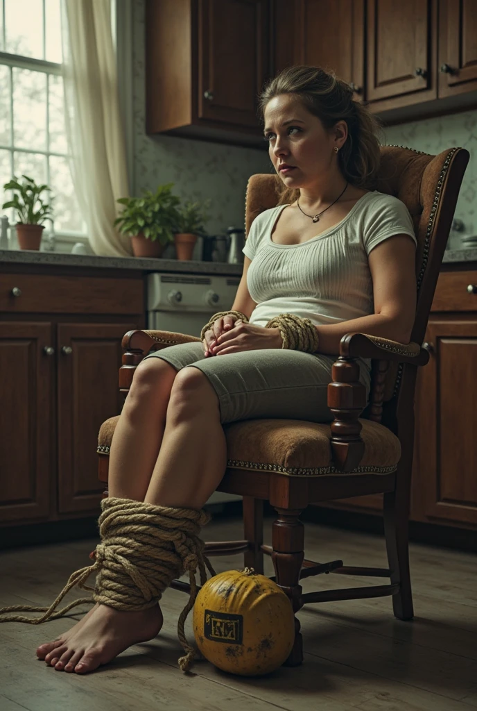 <lora:RealNylonFeets_XL:1> Low angle perspective POV. Full body view. Trailer-park dirty ugly hillbilly barefoot woman, auburn hair, ponytail, age 45, seated on a tall royal throne in a messy house. (slovenly, poverty, indoors),(clothing scattered on floor). Wearing an open silk bathrobe and sheer nylon stockings. (Both feet fully visible:1.4, perfect feet) (intense, fierce, intimidating, harsh). Atmosphere of worship, awesome, powerful, goddess, dominating, reverence, royalty