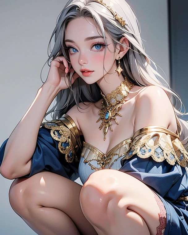 (score_9, score_8_up:1.1), score_7_up, 1 girl, doll, monster girl, oni, (white hair), solo, (blue willow pattern:1.5), blue eyes, (gold cracks:1.2), kintsugi, long hair, sitting on flowers, (painting her skin:1.2), pencil, full body, (white skin), shining, curvy, tear drop breasts, jewels, (thin gold belly chain), oni girl, horns, kimono, expressiveh k1ntsug1