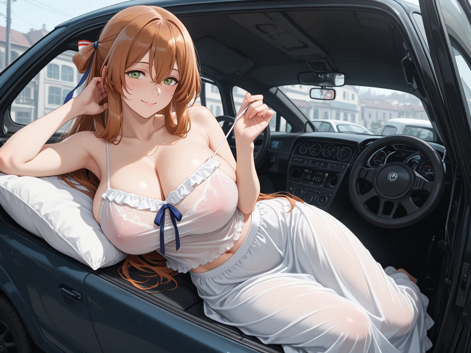 long hair, Blue eyes, Orange hair, (((colorful))),, large breasts, , Drive a car on the highway, nipple, solo
