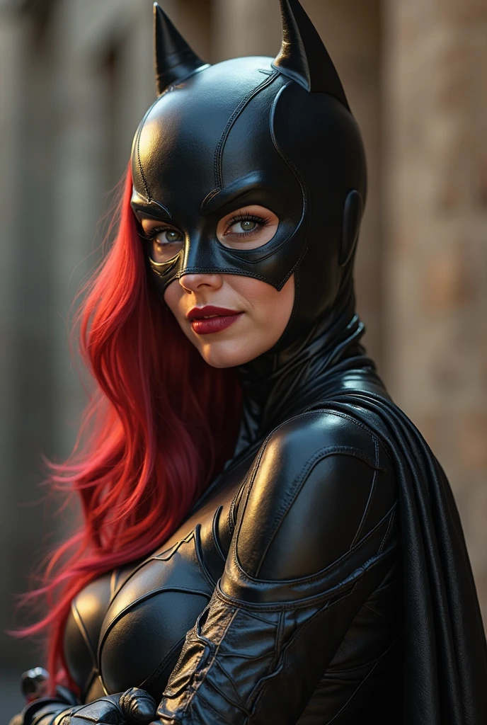 masterpiece, best quality, 1girl, batgirl, close up, realistic, dirty, bruise, green eyes, mask, bodysuit, orange hair, lips, long hair, solo, dark <lora:Batgirl:1>