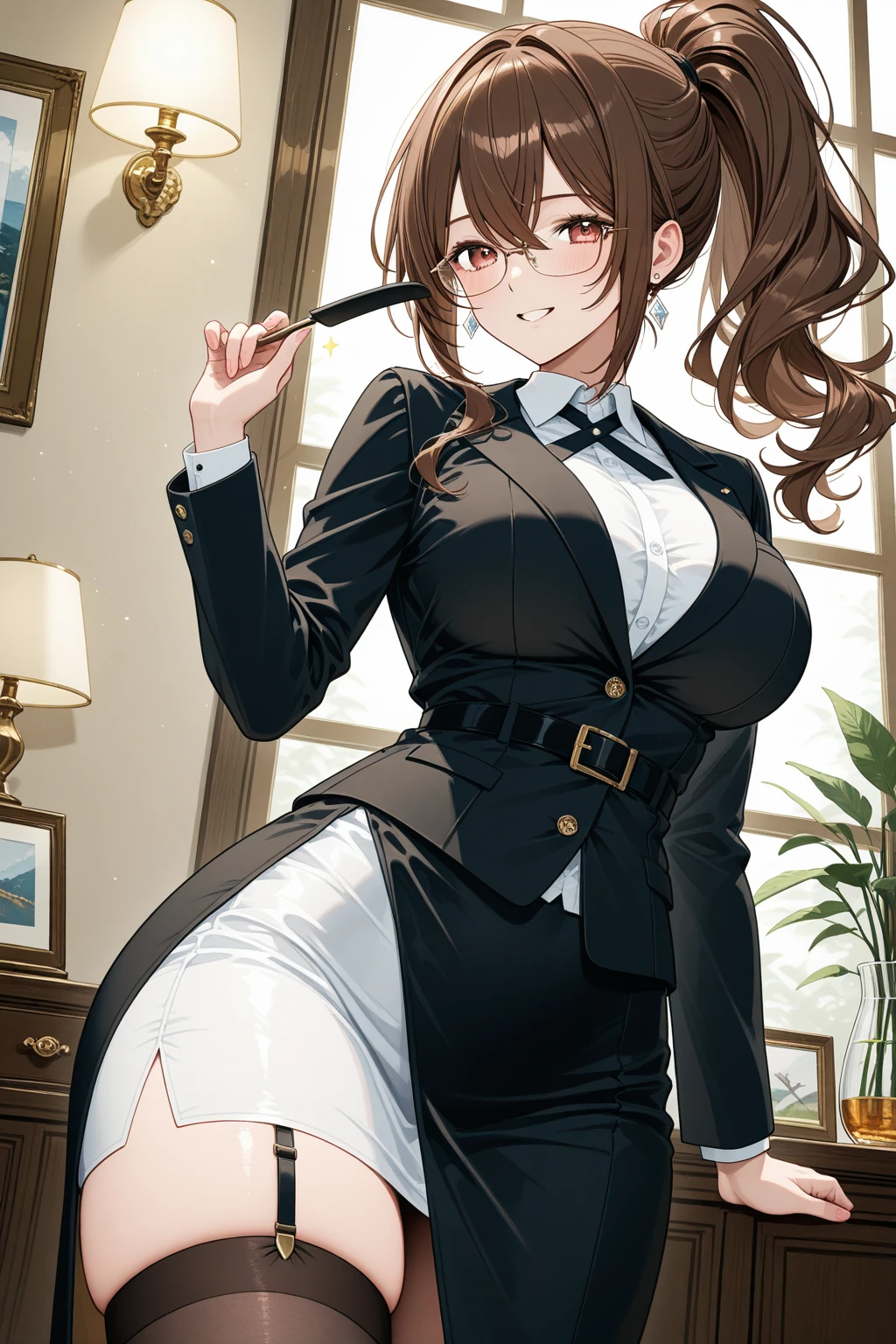 nsfw masterpiece, best quality, 1 girl, solo, teenager, large breasts, light brown eyes, bangs, brond hair, braids hair, office staff suit, jacket, pencil skirt, upper body, standing, office