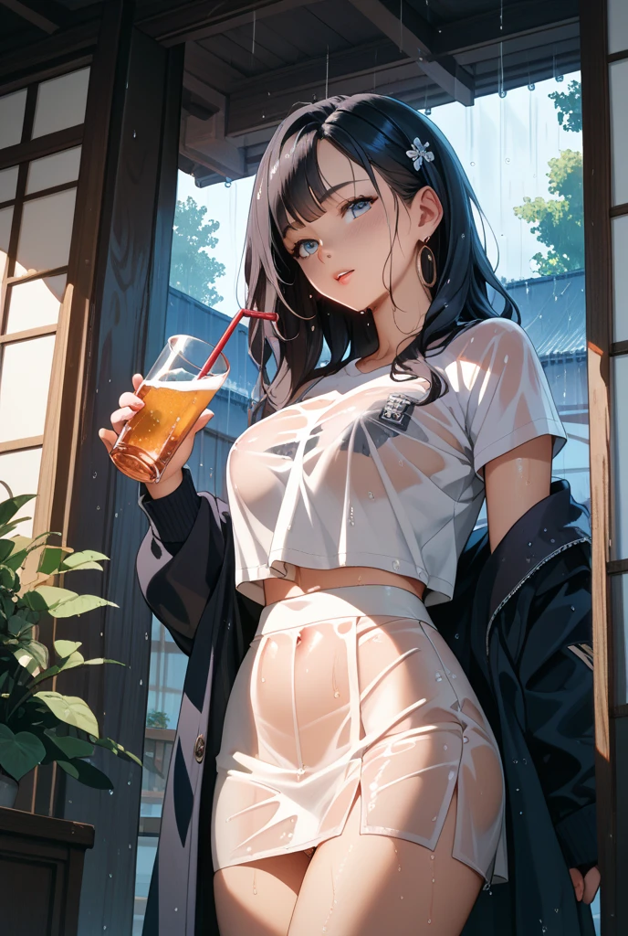 ((Top Quality)), ((Masterpiece)), ((Details)), perfect face, perfect body, fallen leaves background, sitting on a bench, listening to music, wearing headphones, transparent clothes, wearing clothes exposing tight hips and breasts Woman with face visible, sitting with legs apart