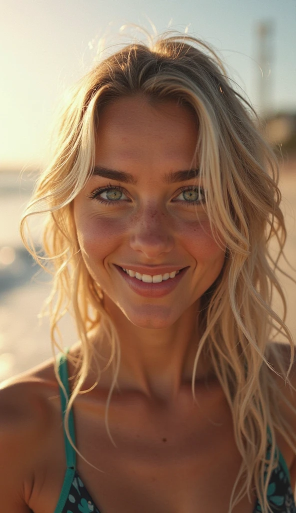 Young woman with wavy light blonde hair is lying face down on a towel on the beach, enjoying the warm sun. Her blonde hair cascades over the side of her face, framing her smiling and radiant face. She is taking a selfie, so her expression is playful and flirtatious, with a direct look at the camera that invites complicity. In the background, you can see her prominent rear end, accentuated by the green bikini thong she is wearing, highlighting her curves. Sunlight shines on her tanned skin, creating an atmosphere of relaxation and sensuality in this perfect summer scene