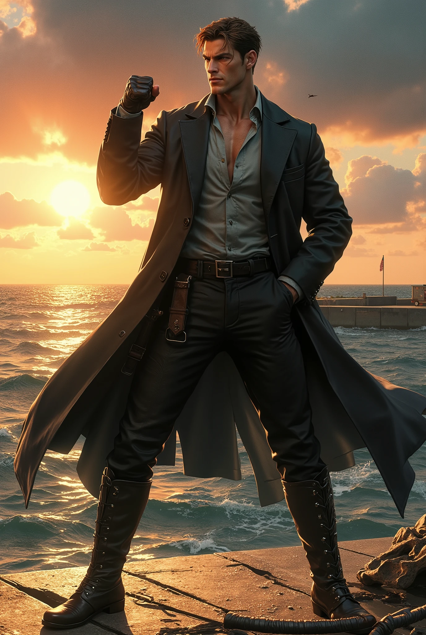 (masterpiece, 8k resolution, best quality, ultra-detailed, photorealistic fantasy), A full-body character illustration of a tall,ruggedly handsome and powerfully built young brawler, exuding an aura of confident defiance. He has short, slicked-back auburn hair with a stylishly messy middle-parted fringe. His sun-kissed, tanned skin accentuates a chiseled, handsome oval face with a strong jawline. His sharp, intelligent eyes gleam with a confident, rebellious spirit, and a cunning, almost imperceptible smirk plays on his lips.
Captured in a dynamic, fluid boxing stance on a weathered, salt-sprayed coastal pier, poised for combat as the vast sea horizon glows under a dramatic sunset.
His attire is a fusion of fantasy and formal wear: a crisp white undershirt is visible beneath a finely tailored, dark charcoal formal coat with a long, elegant hem that billows dramatically in the sea breeze. He wears matching dark, fitted trousers tucked into knee-high leather boots, which are intricately detailed with polished steel decorations and buckles. His hands are clad in worn, fingerless leather gloves, revealing strong knuckles.
The scene is illuminated by cinematic, golden hour lighting, casting long, dramatic shadows and creating a powerful rim light effect that outlines his silhouette against the deep blue and orange hues of the sea and sky. The camera angle is a dynamic low-angle shot, emphasizing his heroic and imposing stature. The art style is exquisite and mature, a blend of hyper-realism and epic fantasy, with perfect anatomy and anatomically correct hands, showcasing five distinct fingers.