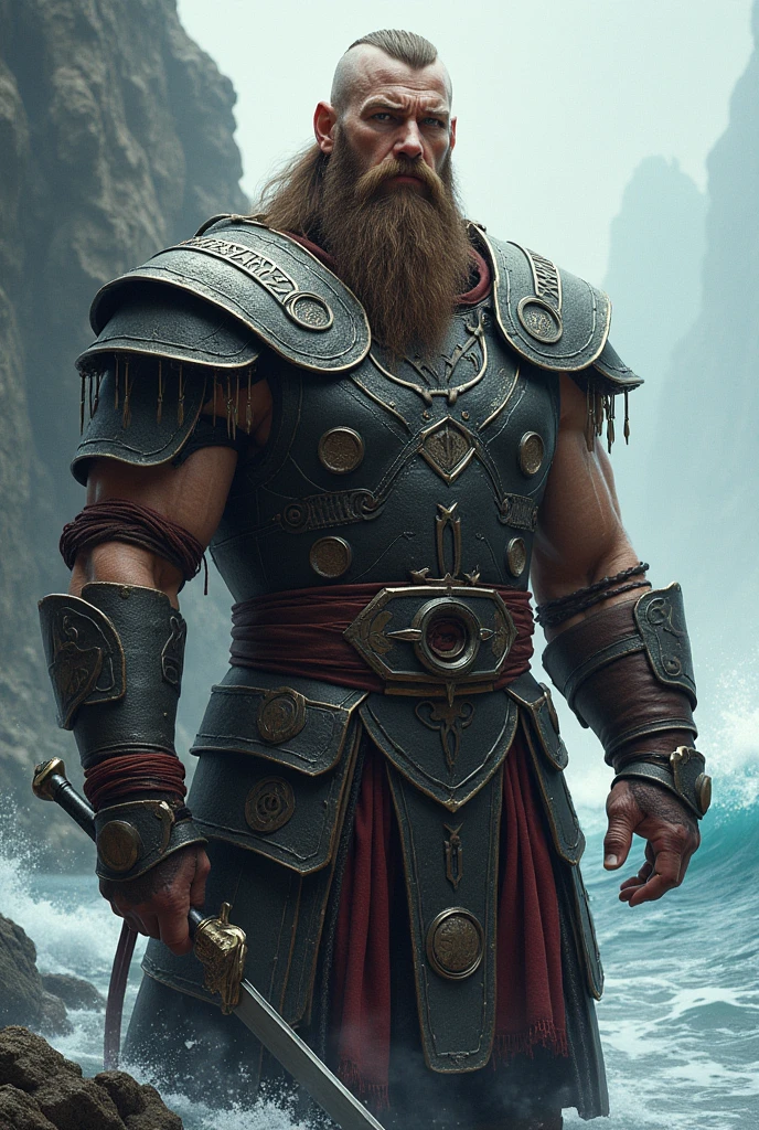 There is a man standing in a mountainous area. He is quite masculine, and has medium shoulder length hair. His hair is thick and dark blonde, having a waviness to it and curls at the base of the neck. The top of the hair goes down to his mouth, and the back goes down just past the base of his neck. He has a trimmed beard, and a grey blindfold covering his eyes. He also wears simplistic medieval clothing, looking somewhat like a Viking, short hair, shor beard