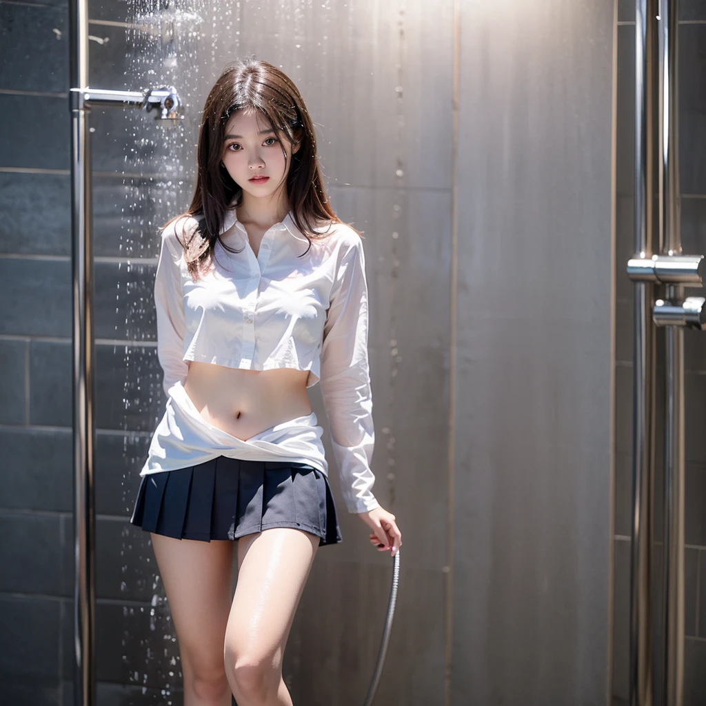 (8K、top-quality、​masterpiece:1.2)、(reallistic、Photorealsitic:1.2) ((Shower room)), ((Drenched in water)), hi-school girl　Pose Seductive (Heavy rain:1.3), (Wet:1.3), water dripping, (Shibuya:1.4),Kiss Face,sad Facial expression,embarassed expression,Alafed Girl, chiho, iwakura lain, closeup Iwakura Lain, With short hair, Shiori Teshirogi, Kotegawa Yui, hime-cut, She is 17 years old, sui ishida with black hair, lain iwakura, girl cute-fine-face, Clear pubic contours,(Small breasts), hight resolution, ighly detailed, top-quality, [​masterpiece:1.6],, ighly detailed, nffsw, finely detail, top-quality, , Cinematographic lighting, 1girl in、17 age、Cute Japan Girls、perfect body type、, Cute droopy eyes、Beautiful big eyes、ultra-detailliert、hight resolution、Transcendent beauty　top-quality、​masterpiece、majicMIX Real、(Raw photography:1.2)、(Photorealsitic:1.4)、(((Open your crotch and take a photo from below)))、（Crotch enlargement:1.5） ((Shower room)), ((wet with water 1:1)), （Wet Uniform Blouse）、hi-school girl　Pose Seductive (Strong shower:1.3), (Wet:1.3), water dripping, (Shibuya:1.4)Close up with crotch emphasis、best qualtiy, Full body like，refined face，kawaii faces，Young Woman，slimfigure，Smaller bust，office lady tight skirt school uniform，Office wear，black lence stockings，Outdoor Scene,(Accurate and perfect face:1.3),(Long legs:1.3),Cinematic lighting, masutepiece, super detailing, High quality, high detailing, Best Quality, High contrast