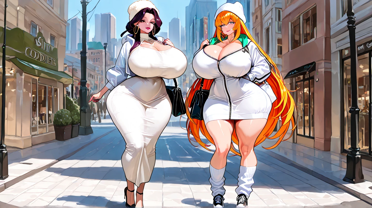 2girls, nose piercing, standing, jewelry, orange jumpsuit (insanely detailed, beautiful detailed face, masterpiece, best quality), cleavage, piercing blue eyes, full body shot, blank background, white background, holding hands, romantic, lesbian, black girl, white girl, red hair, black hair

