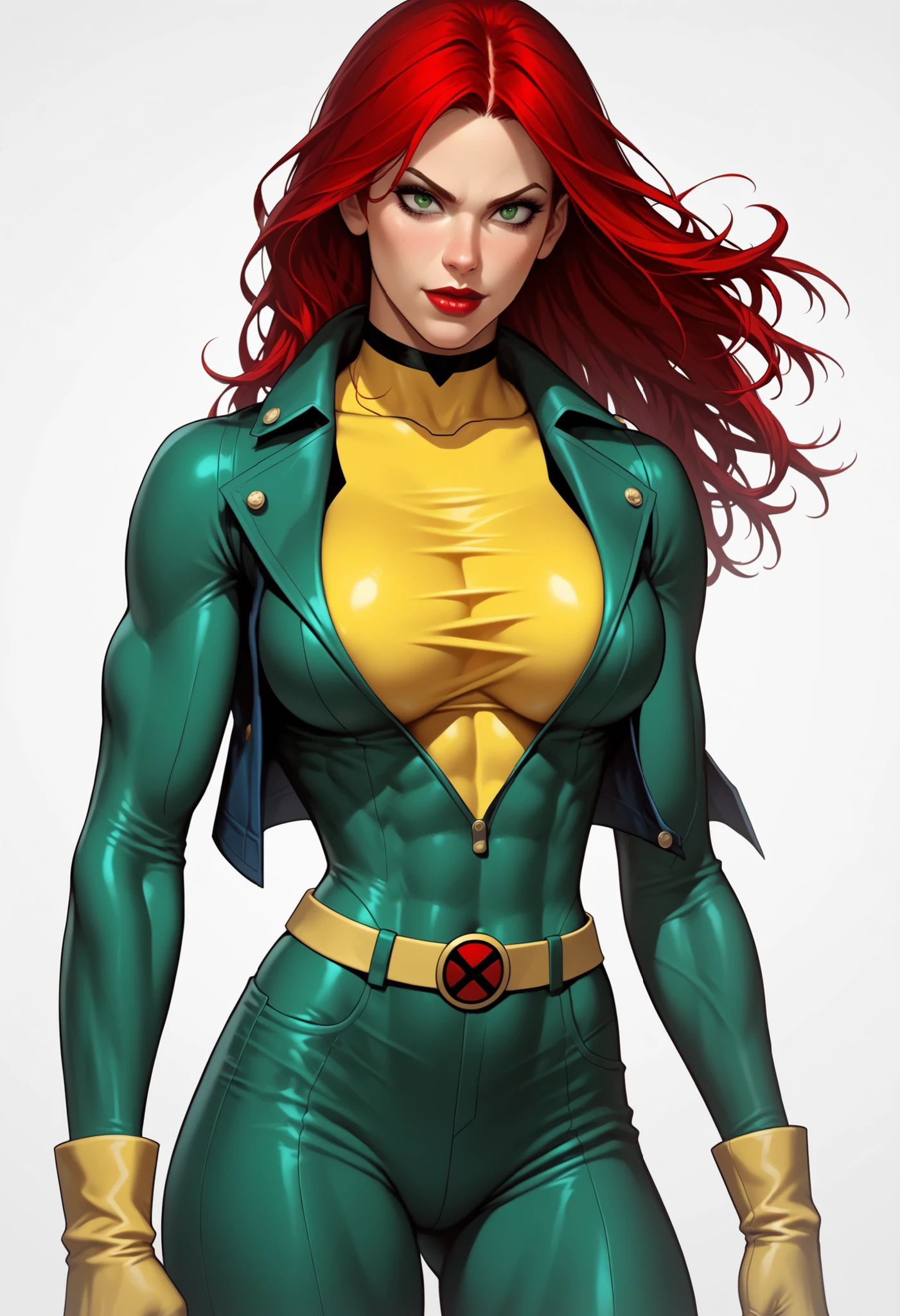((White background)) rathing_questionable, (1 girl) (solo girl) score_9, score_8_up, BREAK, perfect face, 1 girl, (Jean Grey:1.4) ,Jean Grey dos X-men , Marvel , X-Men, super heroine , GREEN EYES , red hair , long and long hair ,(Green bodysuit:1.4) , (pants green:1.2) (Yellow belt), yellow boots , poderes , light pink coming out of the hands , levitando , Breast cleavage
, (big breasts:1.0)) , ((hyper muscular:0.4)) ,(strong)