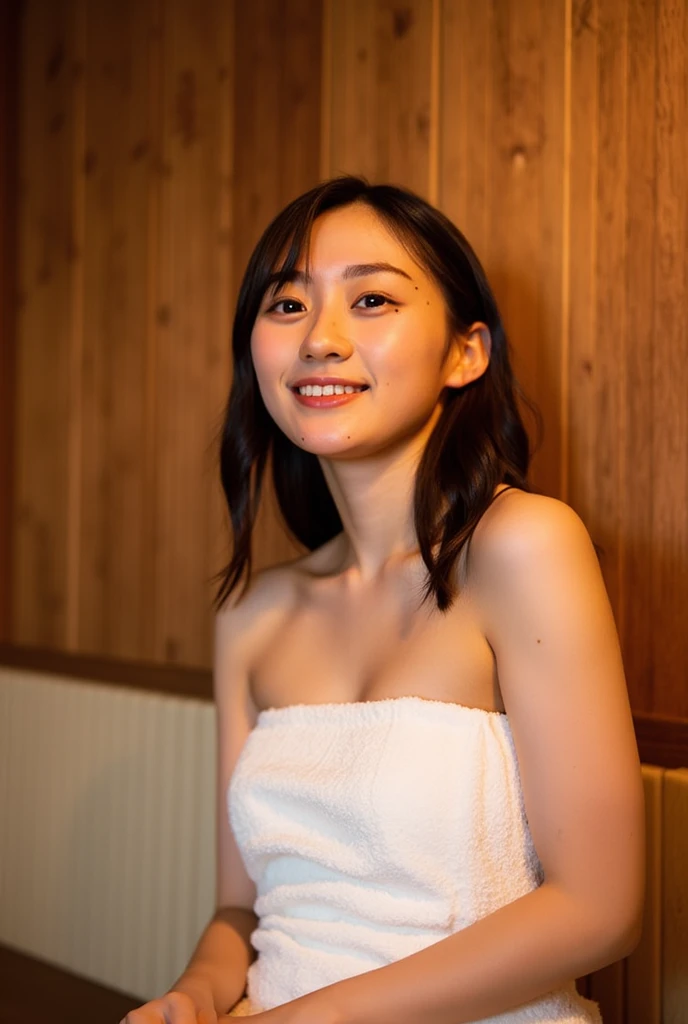 ((highest quality, 8k, masterpiece, Portraiture: 1.3)), (View Viewer), (Wide Shot:1.2), Attractive and seductive mature woman, 3 people, Slightly thicker:0.45, Sweaty body, Full nudity,Full Body, (Big breasts and big hips:0.5), smile, In the sauna,