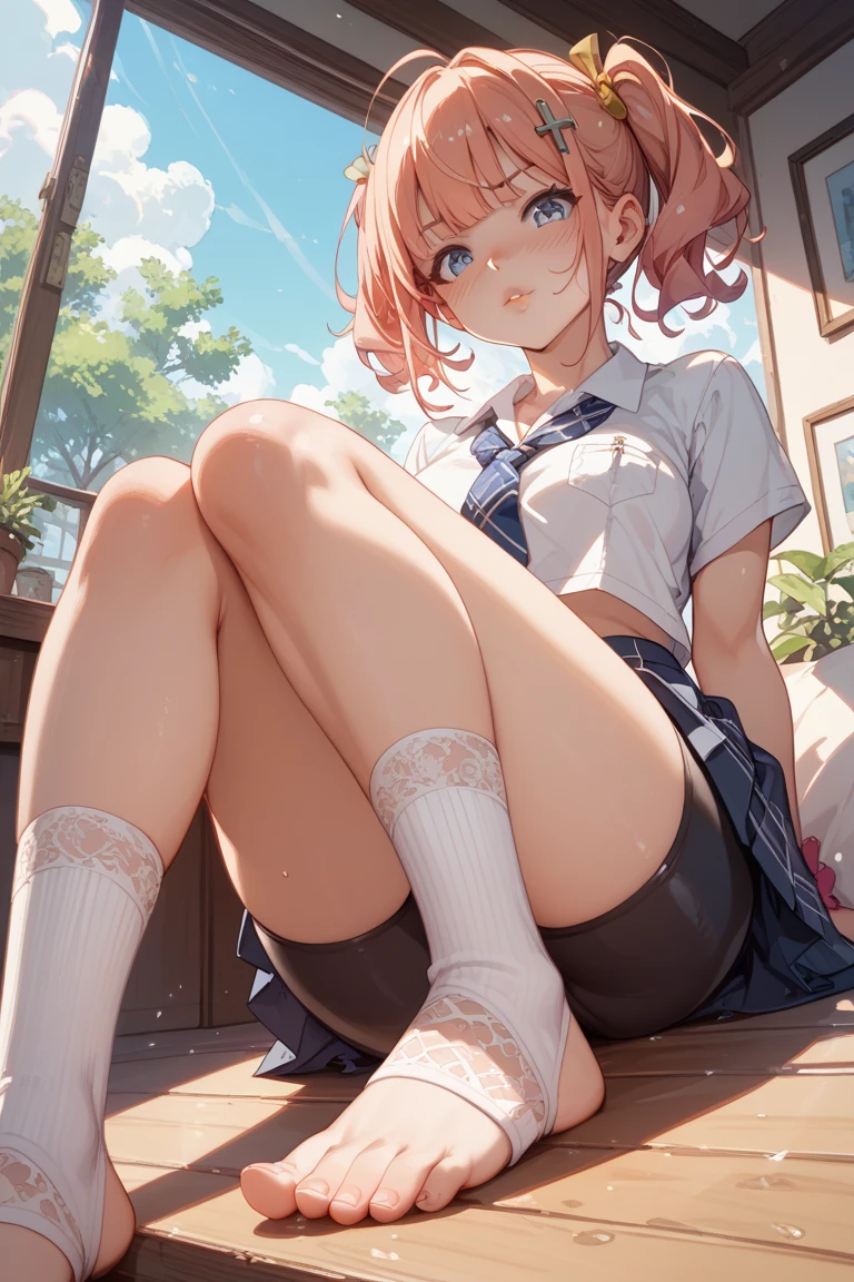 (best quality, 4k, 8k, highres, masterpiece:1.2), Pink Hair、Shorthair、breasts are beautiful and big。There is a large tree。Step on that big tree with your legs spread to the left and right.。and smile、Support your body with your hands in front of you。high quality sailor uniform、