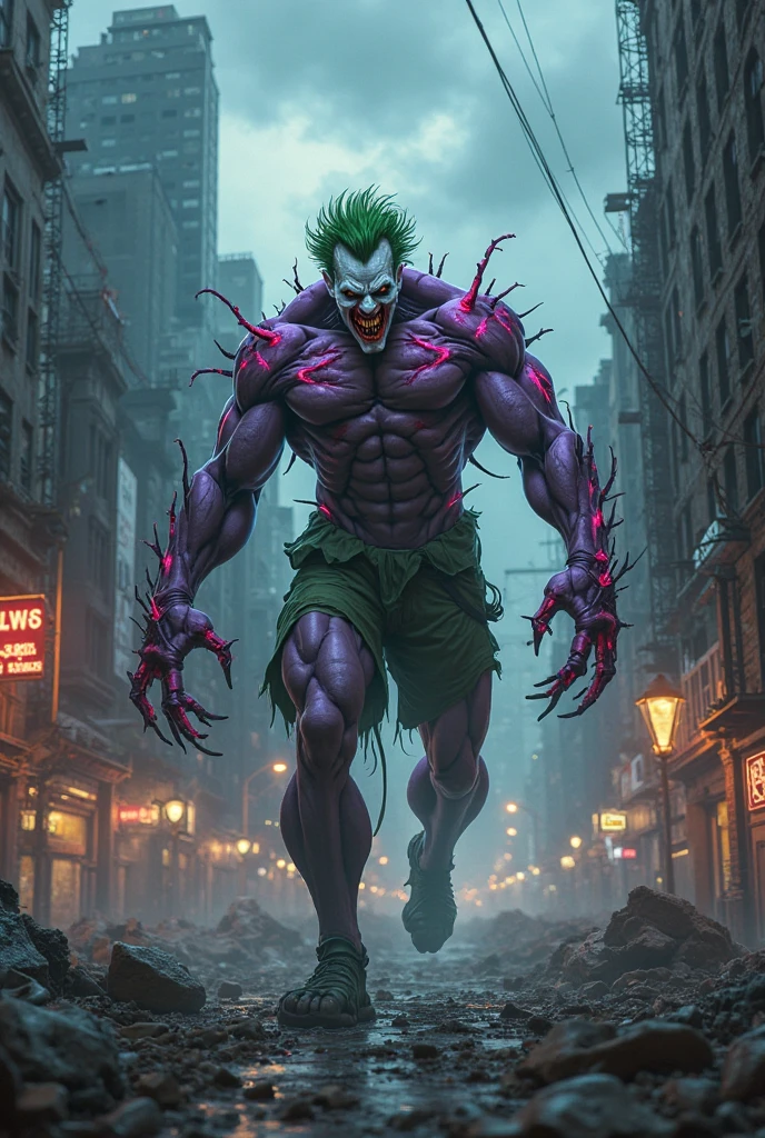 Japanese animation traits, Humanoid man with cut marks on his body and scars, has red eyes, purple hair and gray skin, has a mischievous smile on his face showing his pointy teeth, besides having blades of flesh coming out of his arms.