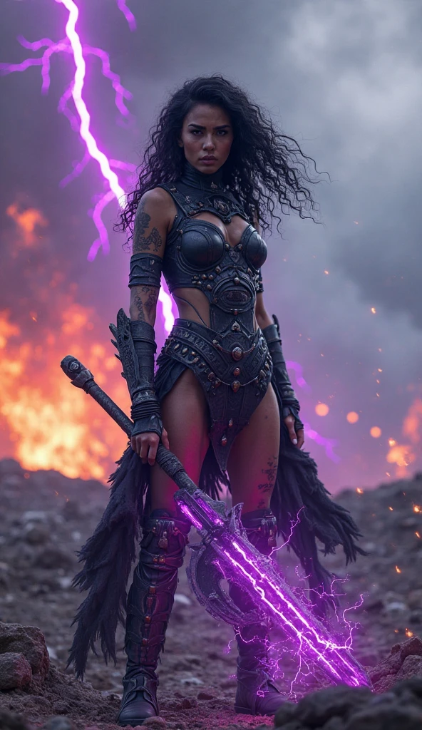 Face of a black woman with long black hair, dressed in a long black and purple ruffled skirt, wielding 2 machetes in his hands
