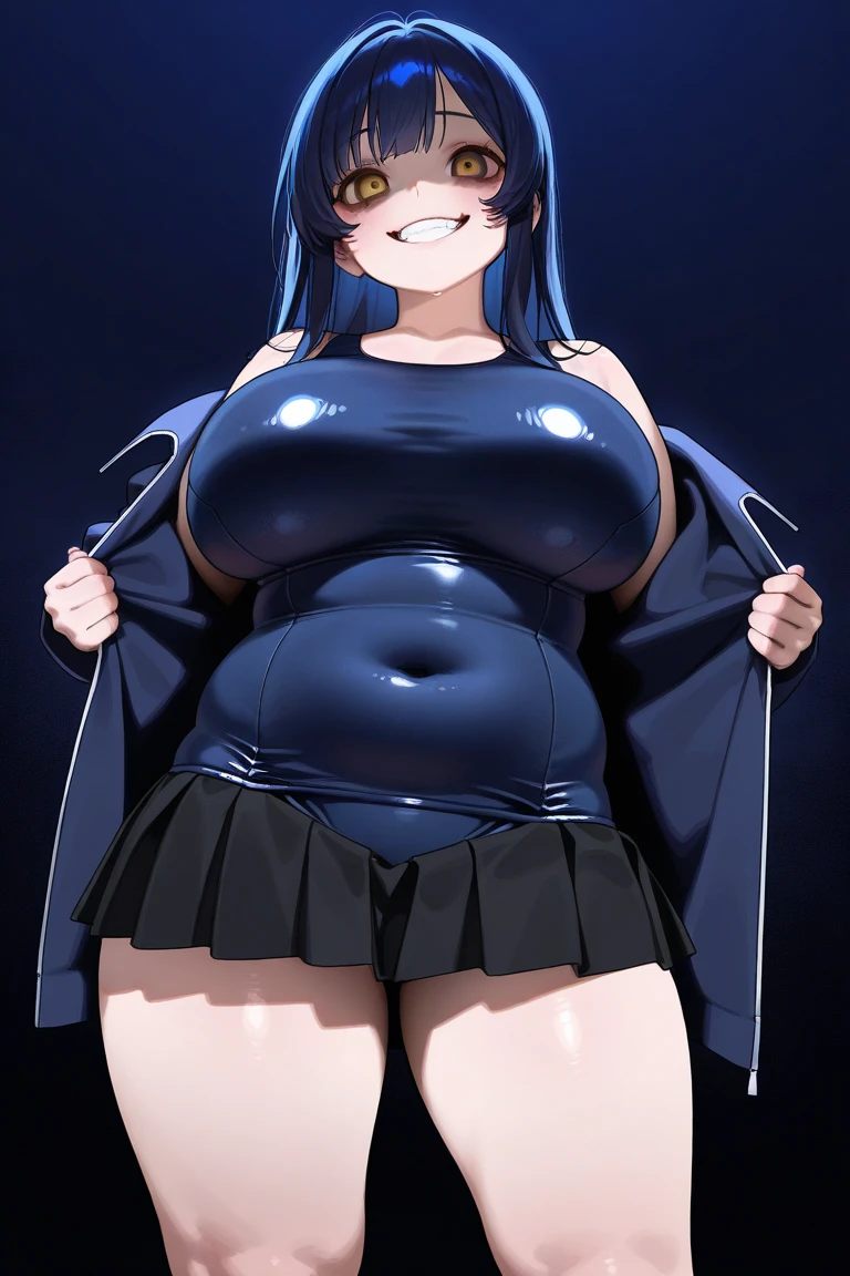 Una chica sexy Bella hermosa pecho grande cabello azul claro corto corte su ojo gris labio azul se viste Brasier negro y un falda blanco largo tacone negro