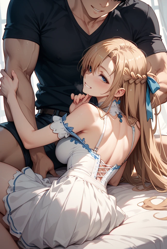 ((masterpiece)), Highest quality, Very detailed,(一peopleの少女),Yuki Asuna、Asuna (Stay), Bare shoulders, chest当て, armor, Removable sleeves, gloves, white gloves, dress, white dress, Thigh-high socks, Long Hair,Beautiful background ,clothing, chest, Bent body,Lie in, Look to the side, Worried face, Drunk look, Hot body、Sweaty、Spread your legs, (手でchestを揉みながら指で乳首を弄る), (Playing with female genitals with fingers), (((I'm being cuckolded))), break 中年の小太りで髭の生えた黒people男性が1people、(((黒people男性と性行))), (((doggystyle, Insert, Sex with a dark skin man, huge penis、Intense piston movement))), A man looking at viewer, NSFW, break (((Trembling Body:1.5))), (((Ecstasy))), (((Squirting climax))), (((Intense pleasure))), (((orgasm))), (torogao), ((ahegao)), (((fucked silly))), (((Tongue-entwined kiss))) (((Drooling))), (((Climax with her throat arched:1.5))), (((Vaginal ejaculation))), break 針葉樹の森の中にあるログハウスの寝室, On a bed with white sheets,