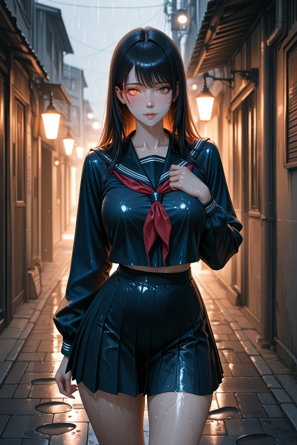 Nipples can be seen through , torn clothes , cloth pieces , (Torn clothes:1.5), (Wet clothes:1.4) , rain