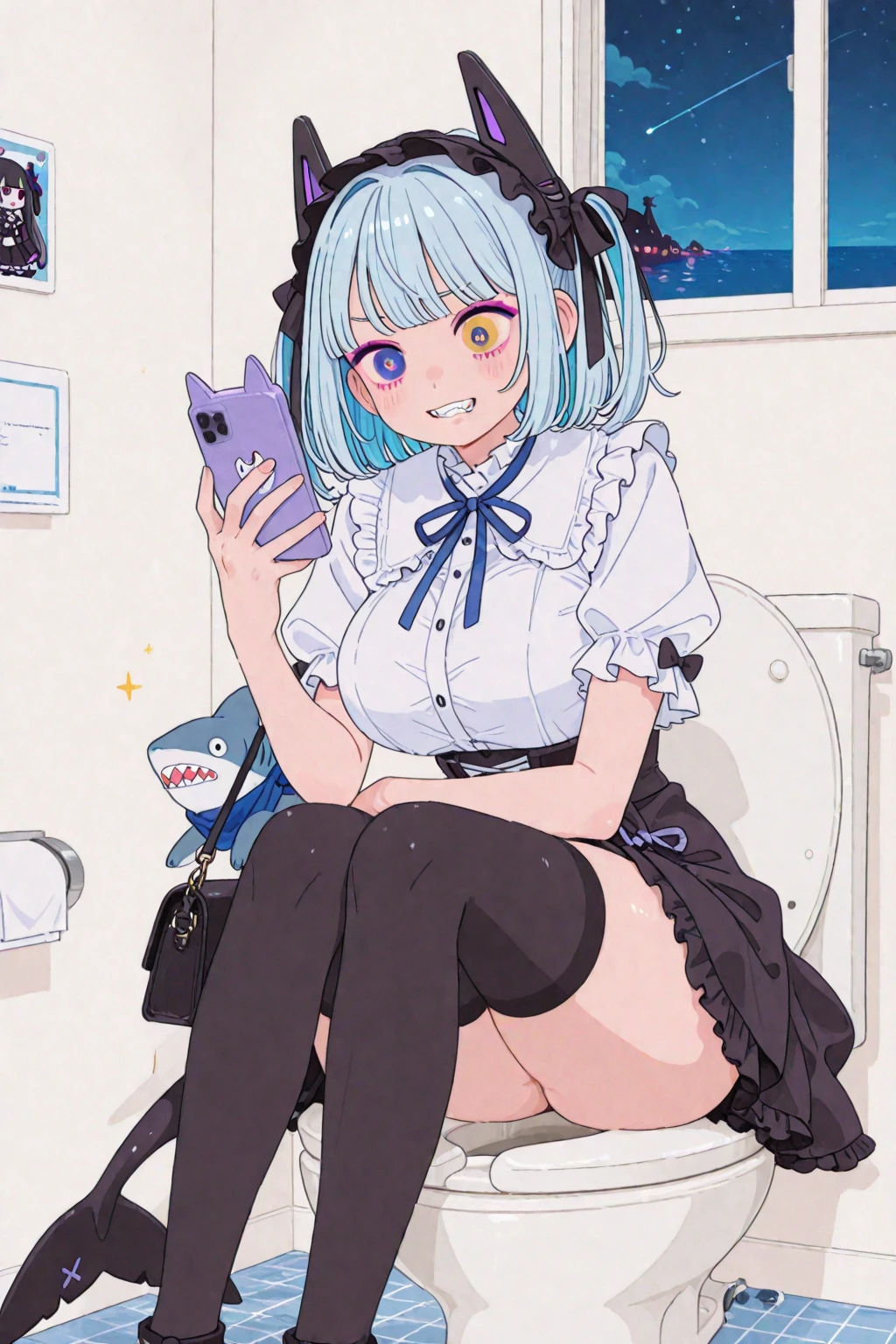 (beste Quality)、A masterpie、extremelydelicateandbeautiful、astonishing、finelydetail、huge filesize、超detailded、high - resolution、absurdist、((perfect hand:1.2))、 Take a selfie with your phone in one hand、Cover your face、 1girls、very thin legs、very thin legs、very thin legs、long legs、Highly detailed legs、 [standing a|Sitting on a chair|sitting on|Butterflies sitting]、 [stockings|pantyhose|thights|knee high]、 iphone、selfy、a-pose、Small hands、Light blue hair、short hairs、Blue Eye、Remu(re:Zero)