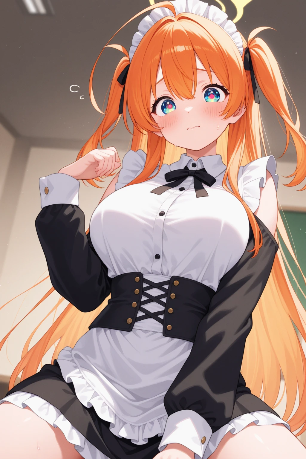 itsukinakano, Itsuki Nakano, bangs, blue eyes, hair between eyes,long hair, Ahoge, redhead, star \(symbol\), hair ornaments, star hair ornaments,blush,open your mouth,embarrassing,angry,big breasts,Red Leotard,red bunny ear headband,white pantyhose,stiletto heels,(Bunny girl:1.5),(Red Playboy Bunny:1.0),He folds his arms to hide his chest.,looking down from top to bottom,
break indoors, School, classroom,
break (masterpiece:1.2), highest quality, High resolution, unity 8k wallpaper, (figure:0.8), (detailed and beautiful eyes:1.6), highly detailed face, perfect lighting, Very detailed CG, (perfect hands, perfect anatomy),