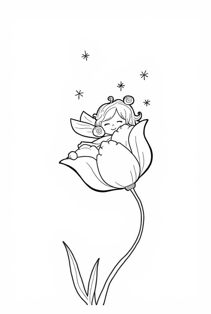 A fairy resting on a leaf, bathed in the golden light of the setting sun, for coloring pages, full white, clean line art, children's style, magic forest background, full body, Sketch style, playful style, children's, coloring page, clean line art, white background, coloring page, clean outline