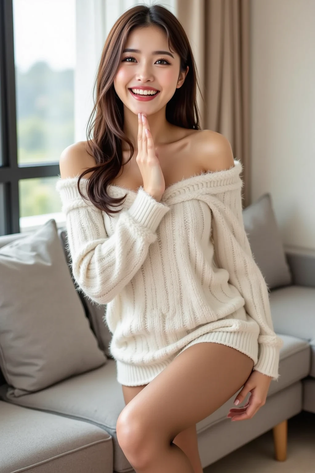 (4k, very realistic, soft light, muted colour), 23 year old girl, wearing a pink hijab, wearing beige sweater, lower off shoulder sweater, wearing long necklace, (wearing white pleated skirt), sweater follow the shape of body, leaning on sofa, hands on hips, cleavage, (white background), slim body, huge , (huge breast 1.6), kawaii, shot from above, undressing nude breast and nipples. Lustfull smile, horny pose, full body photo shoot