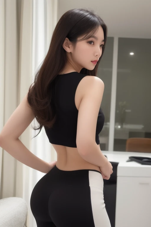 back shot with focus on the ass, a korean girl looks shyly into the camera