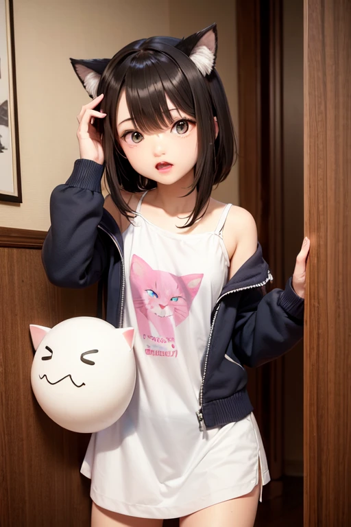 girl, silver hair, black hair, low ponytail, blunt bangs, hairclip, red eyes, t shirt, room,light smile,pov,