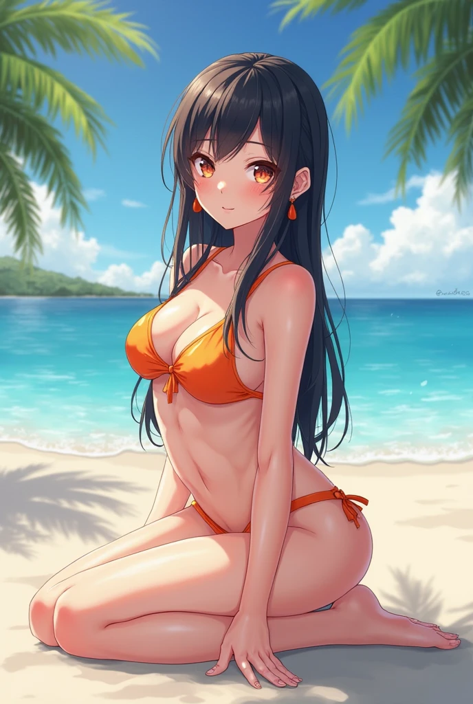 (masterpiece), (best quality), (ultra detailed), beautiful girl in bikini swimwear, black hair, pink hair, pink strands, bangs, black bikini, underboob, sideboob, micro bikini, big breasts, detailed hair decor and accessories, silver jewelry, gorgeous eyes, detailed eyes, purple eyes, beach scene, highly detailed, (((vivid colors))), anime,