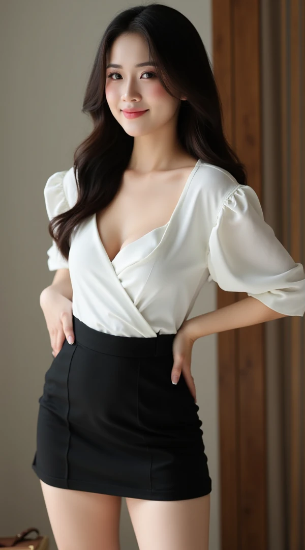 big breasts, Beautiful face, a white blouse, black skirt, Perfect body, long hair.