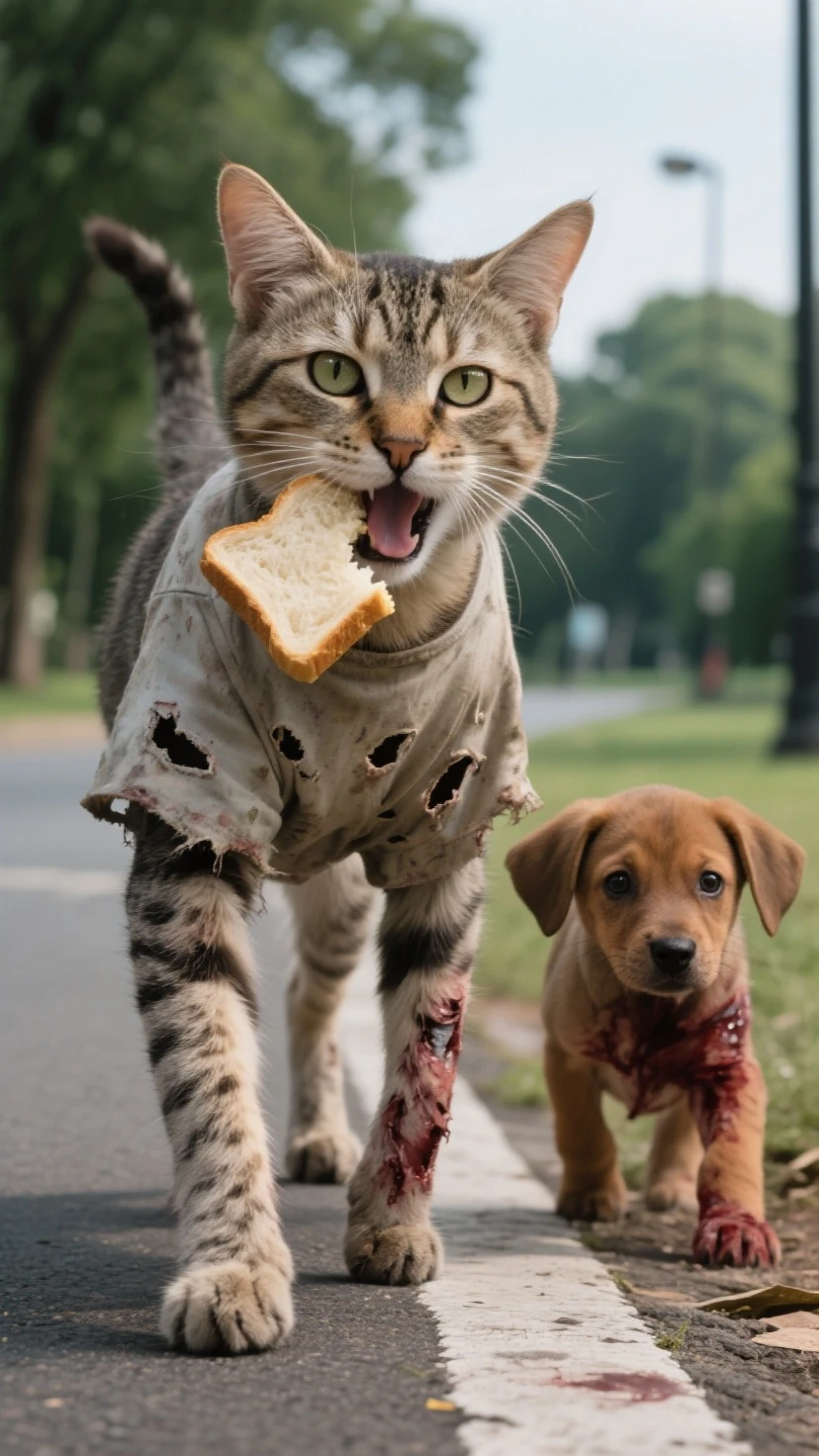Close. Lucky cat gingerly walked over a zombie corpse lying on the ground.