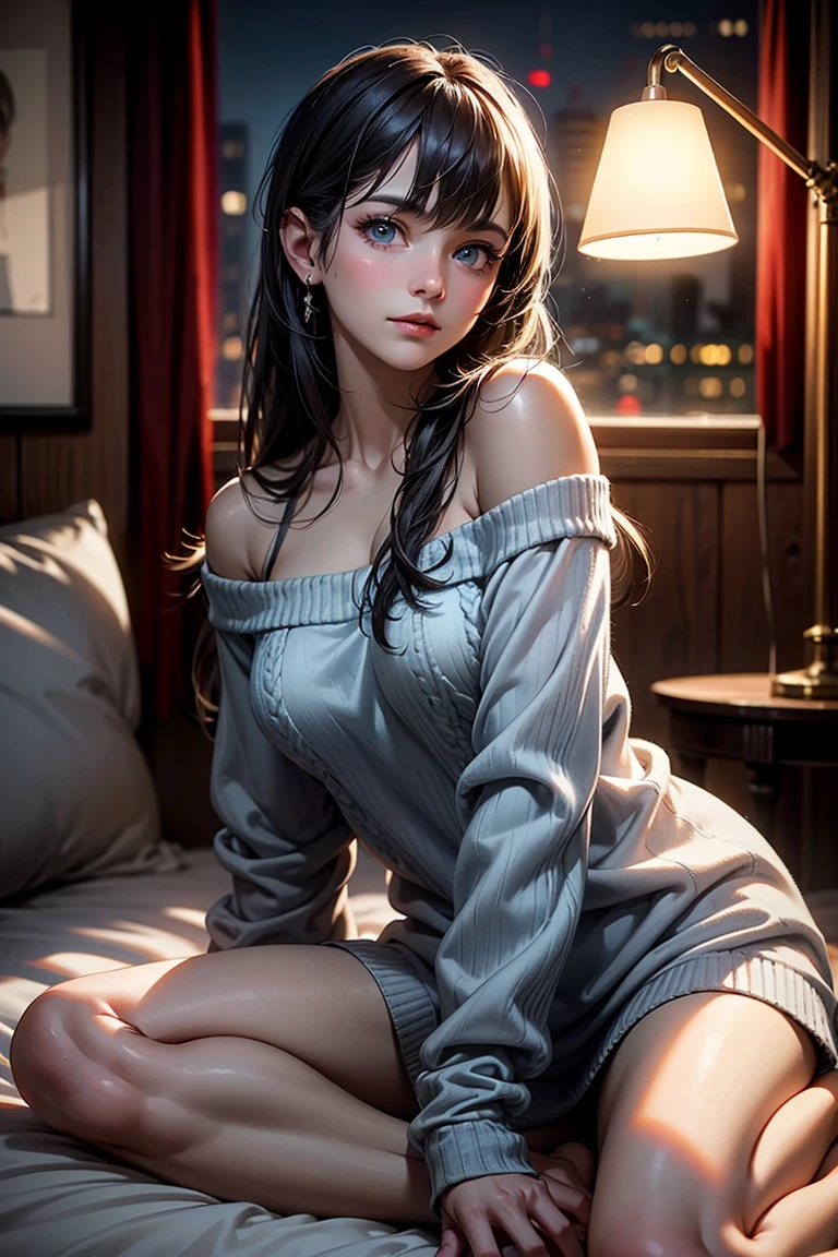Masterpiece, best quality, high resolution, ultra detailed, slight smile, a woman long dark hair with bangs, light blue eyes, a beautiful girl looking at the camera, Frontal view, ((off-the-shoulder light red sweater,)) bare legs, night, warm interior room, image illuminated by a small lamp, depth of field, (half body: 0.6),