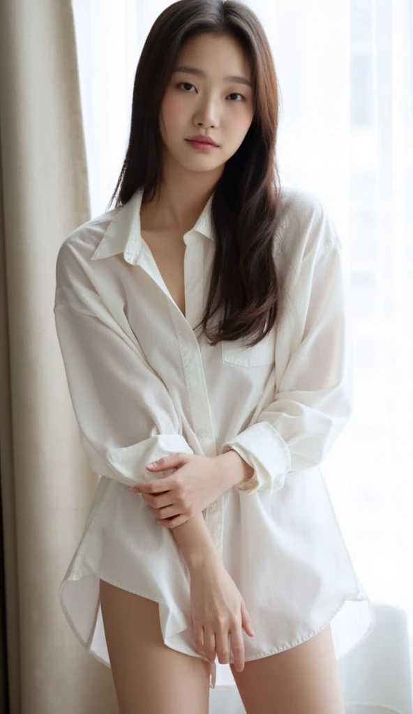 Close-up:A woman in a white shirt sits on a chair, Gorgeous young Korean woman, White clothes are transparent, breast,can be seen
