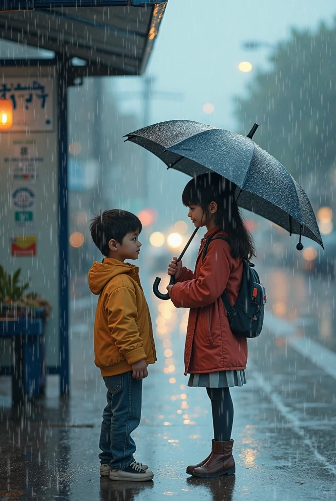Girl gives an umbrella to a boy wearing an orange jacket who is crying in the rain with the grey sky they are the same size