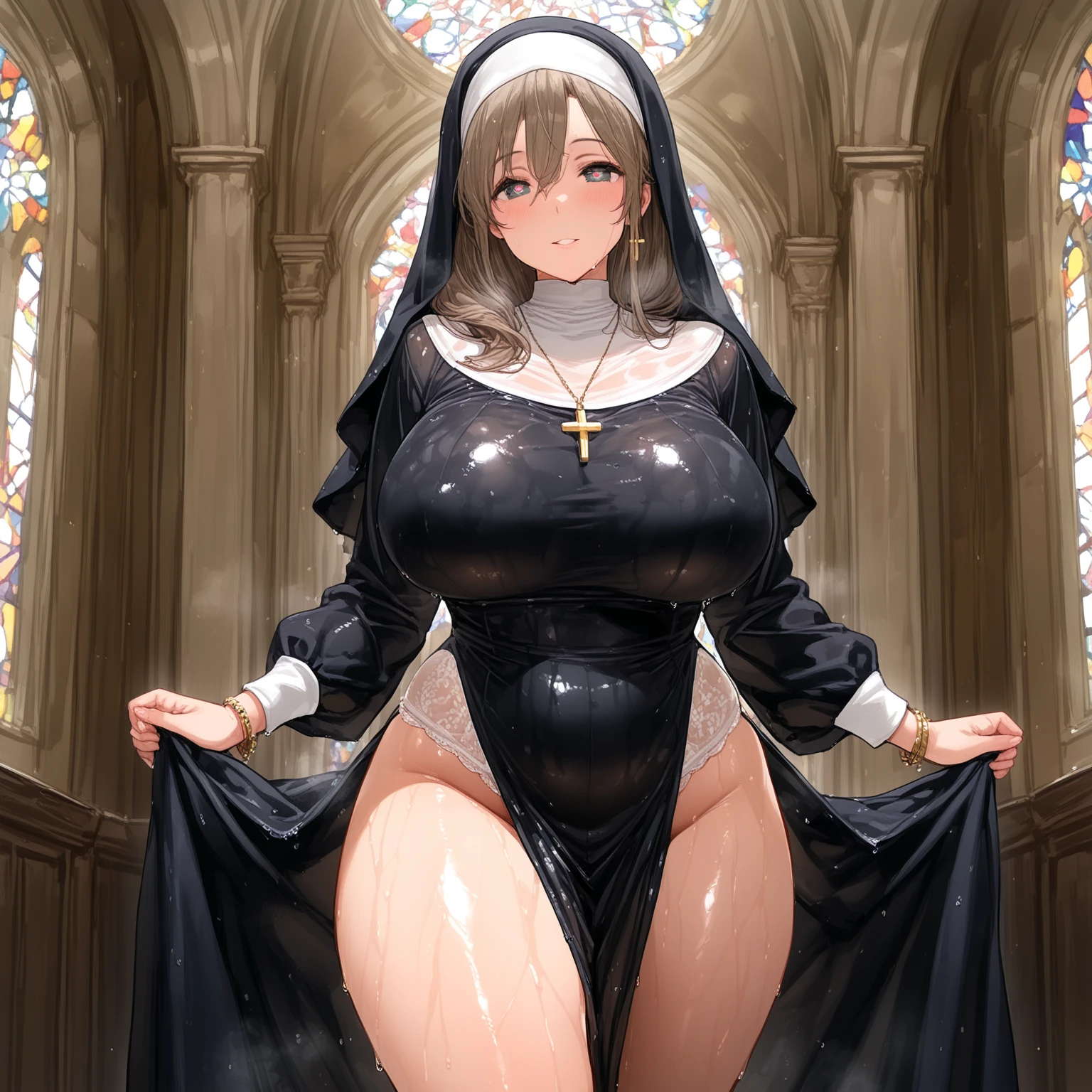 cute girl, nun ,She is dressed as a nun ,cross , Adult Girls,, Large Breasts, [Close-up cleavage]]]]Huge sagging breasts,cleveage, The chest is more exposed，Thick thighs、, Sexy body,