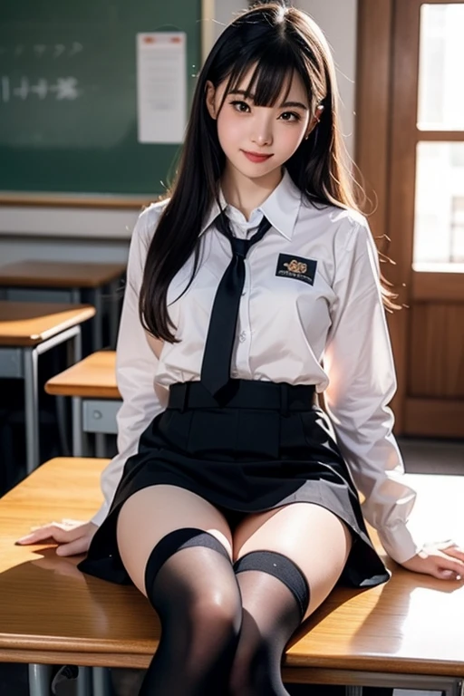 (Highest quality, 8k, 32K, masterpiece, Ultra-high resolution:1.2), Cute like an idol、 (Huge breasts:1.1), Short black hair, bangs,expensive, (school uniform), Tight waist, Junior high school girl、Black knee-highs、Sit at a desk