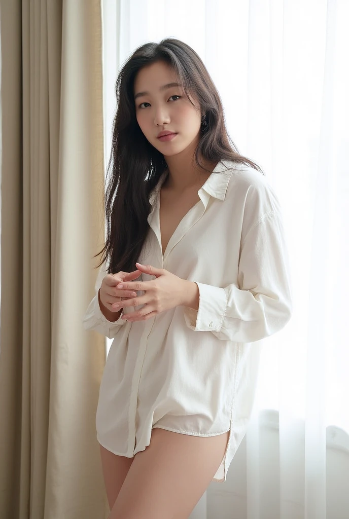 ((La mejor calidad)), ((Obra maestra)), (Detallado), Cara perfecta, chica coreana, attractive 23 year old, la chica viste un pijama con una polera blanca y unos pantalones largos negro,  fondo en la cama, pelo corto  y ondulado, Foto RAW