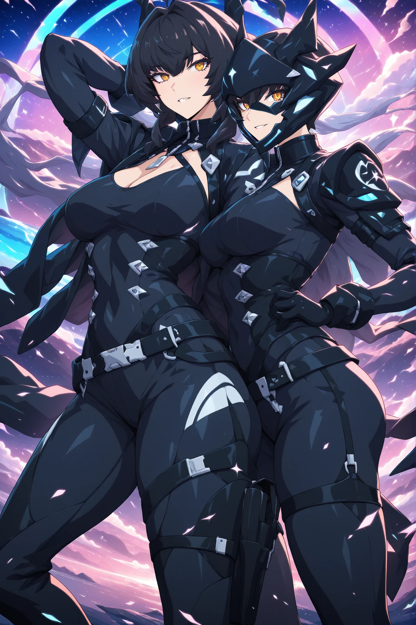 League of legends character riven in venom suit, white hair, yellow eyes, black suit, black bunny suit, venom suit, looking to the camera, smile, holding the camera, sexy body, hentai face, hentai expression, heart eyes, hentai eyes, eyes iris in heart shape, ponytail hairstyle
