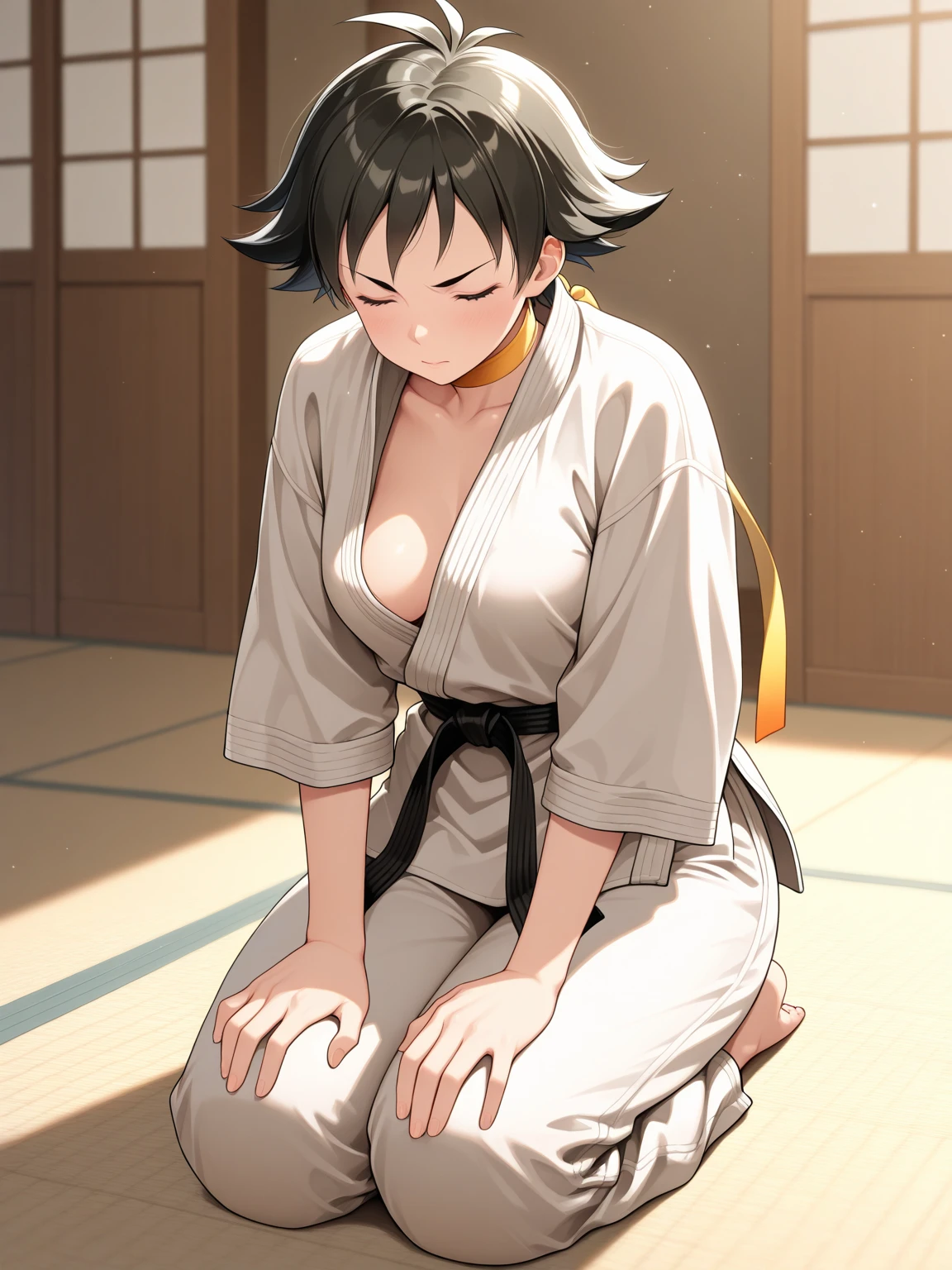 ((((masterpiece, best quality, high resolution)))), Extremely detailed 8K, 1 female, wearing a white Karate gi, (ahegao),white eyes, Small breasts,full body, kneeling, tired, (muscle:1.4), japanese clothes, No underwear,No eyeballs, Facing the audience, looking at the audience, tired, from below, (Exposed armpit:1.1), ((armpit:1.2)), sexy, Sweating, More and more sweat,(ahegao), (Roll your eyes), open mouth, Sticking out tongue, saliva, Slobber,Skinny, raise arms, (arms above head:1.5)(Ultra HD, Ultra-detailed, Highly detailed, Highly realistic, Ultra-realistic, photograph realistic), (1girl:1.5), (Realistic black hair), (dynamic poses), facing at camera, looking at viewer, (slightly serious face), (perky breasts:1.2), (beautiful detailed face, beautiful detailed eyes), ((worn out karate gi)), (preparing for a fight), sweat, glow, (sunbeam, sunlight), ((cowboy shot)), inside a training gym, seductive, EnvyBetterHands LoCon,
