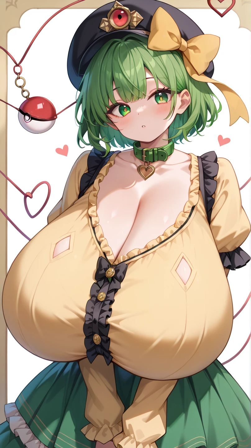 Girl, watermelon, short green hair, red eyes, big breasts, exposed belly,