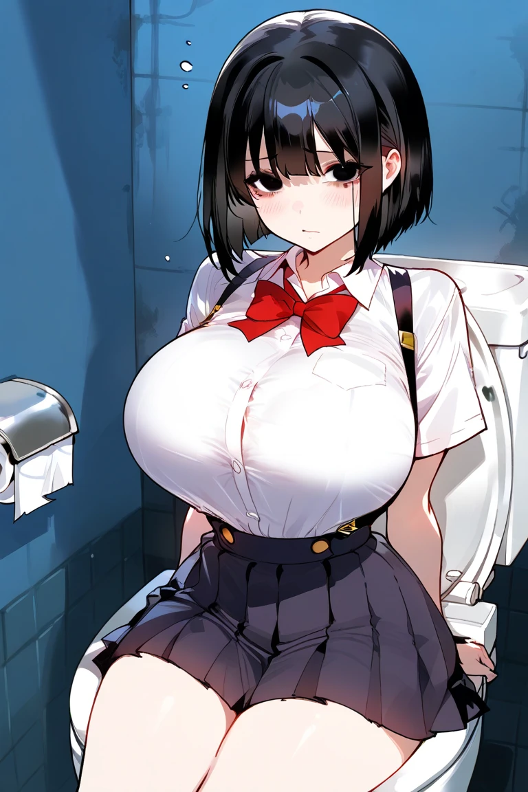 1girl,12old, ,short hair,hair over eyes,bob cut,straight hair,black hair, ,tsurime,black eyes, , collared shirt,white shirt,long sleeves, ,suspender skirt,red skirt, ,toilet stall, ,Sit on an open urinal, ,Big Breasts、Very large breasts、skirt lift