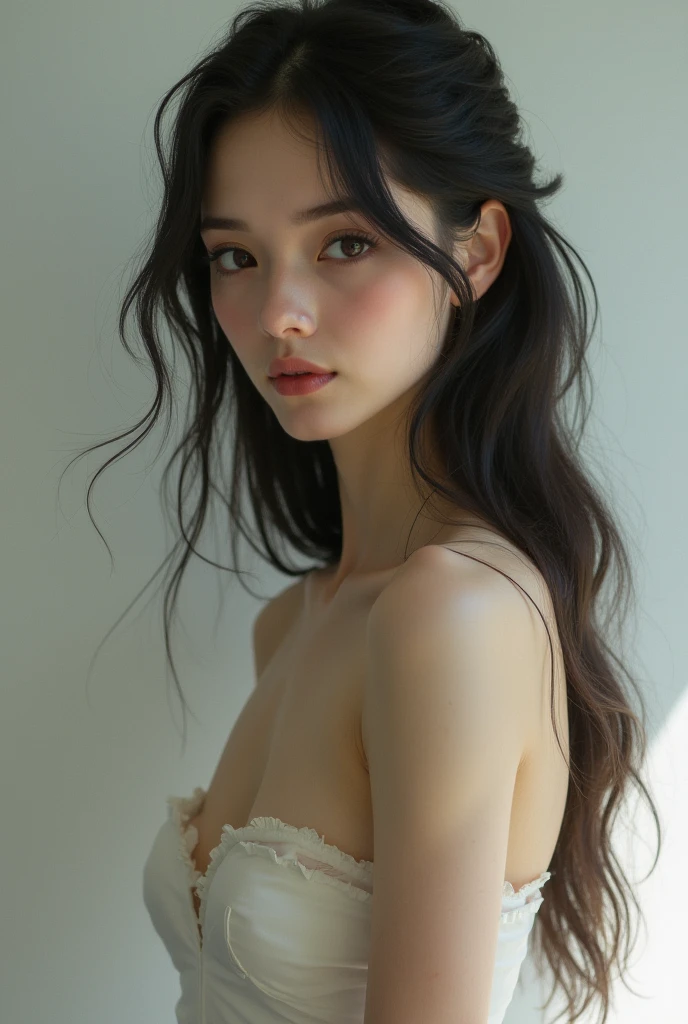 high quality fingers, normal hands, detailed fingers,masterpiece, (realistic, photo-realistic:1.37), (22 years old woman), medium breast, small waist, black hair glamour, blue eyes, beautiful face, perfect illumination, beautiful detailed eyes,looking at viewer, stunningly beautiful woman, detailed hairstyle, detailed background, bedroom, bed, sexy one piece bedwear with laces