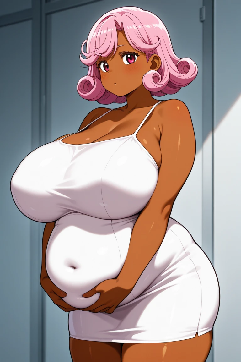 1 girls, (((bimbo))) Pregnant, milf, dark skin, tan skin, huge breasts, huge belly, huge butt, puffy lips, plump lips, big lips, outie navel, belly button, nervous, embarrassed, blushing, shocked, nsfw, (ripped clothes),
